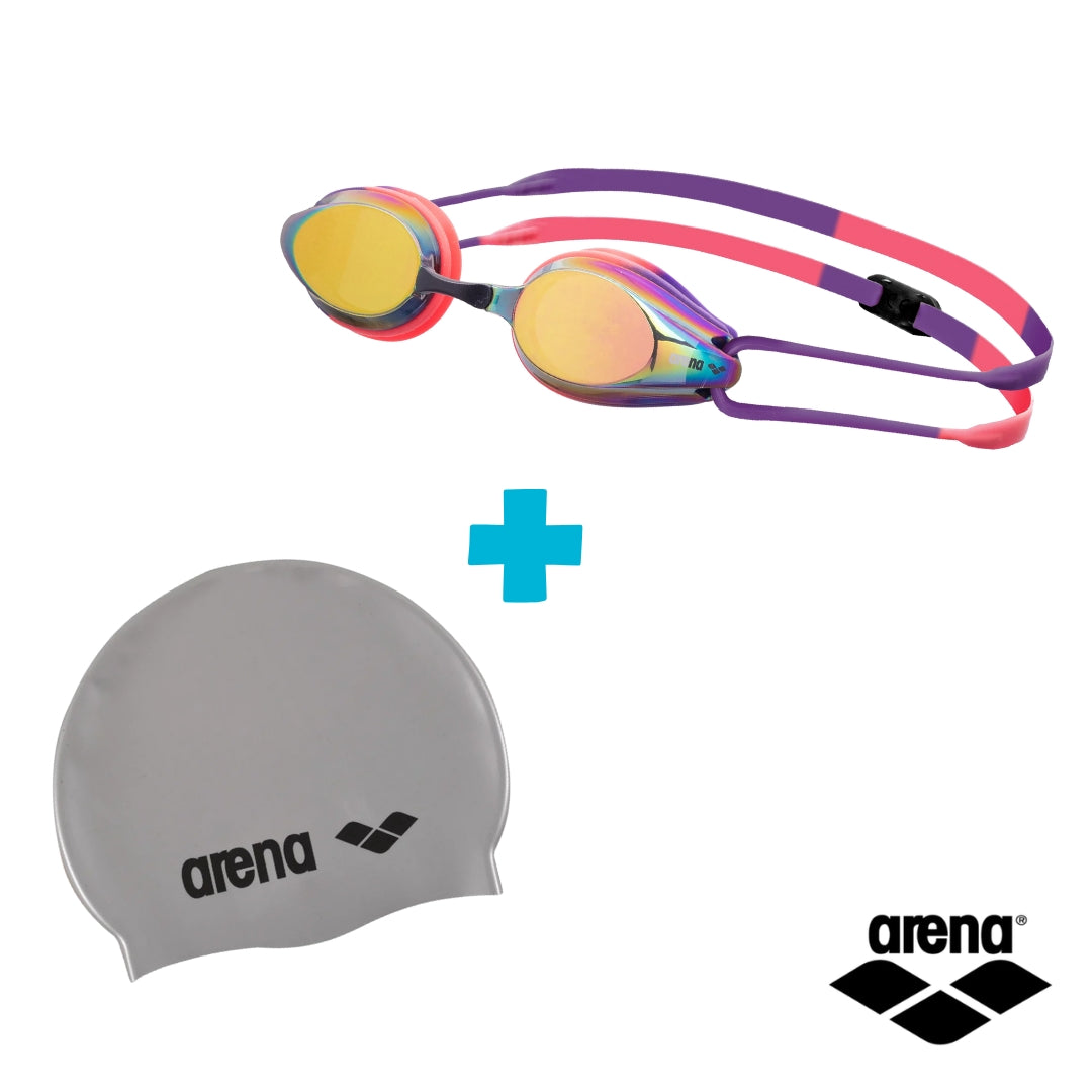 PACK NATACION ARENA LENTE TRACKS MIRROR + GORRO SILICONA GRIS
